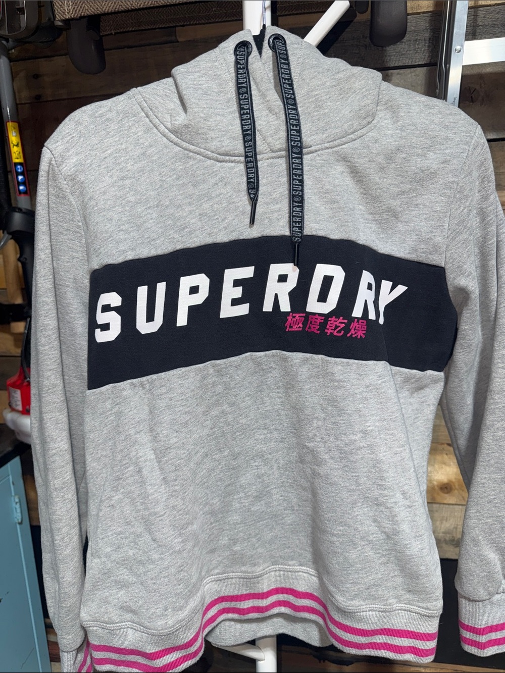 Superdry Grey Hoodie with Black Chest Stripe and Pink Accents XL